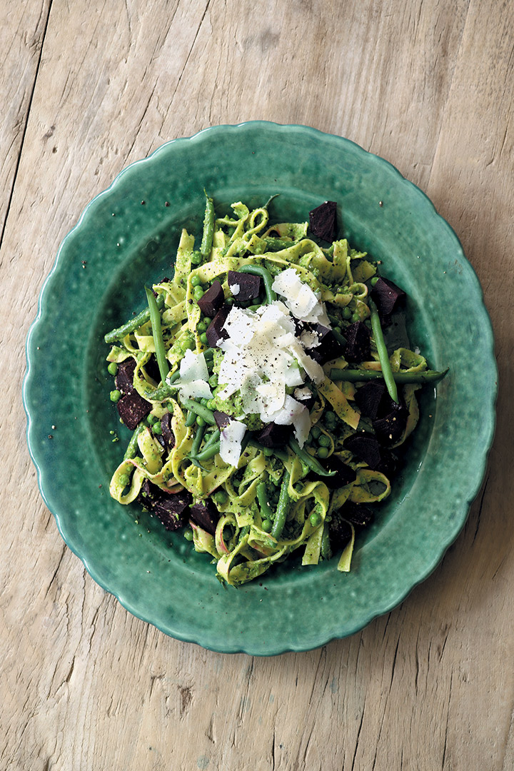 Tagliatelle with pea pesto and baby beetroot recipe