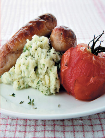 Bangers and herby mash with roasted vine tomatoes recipe