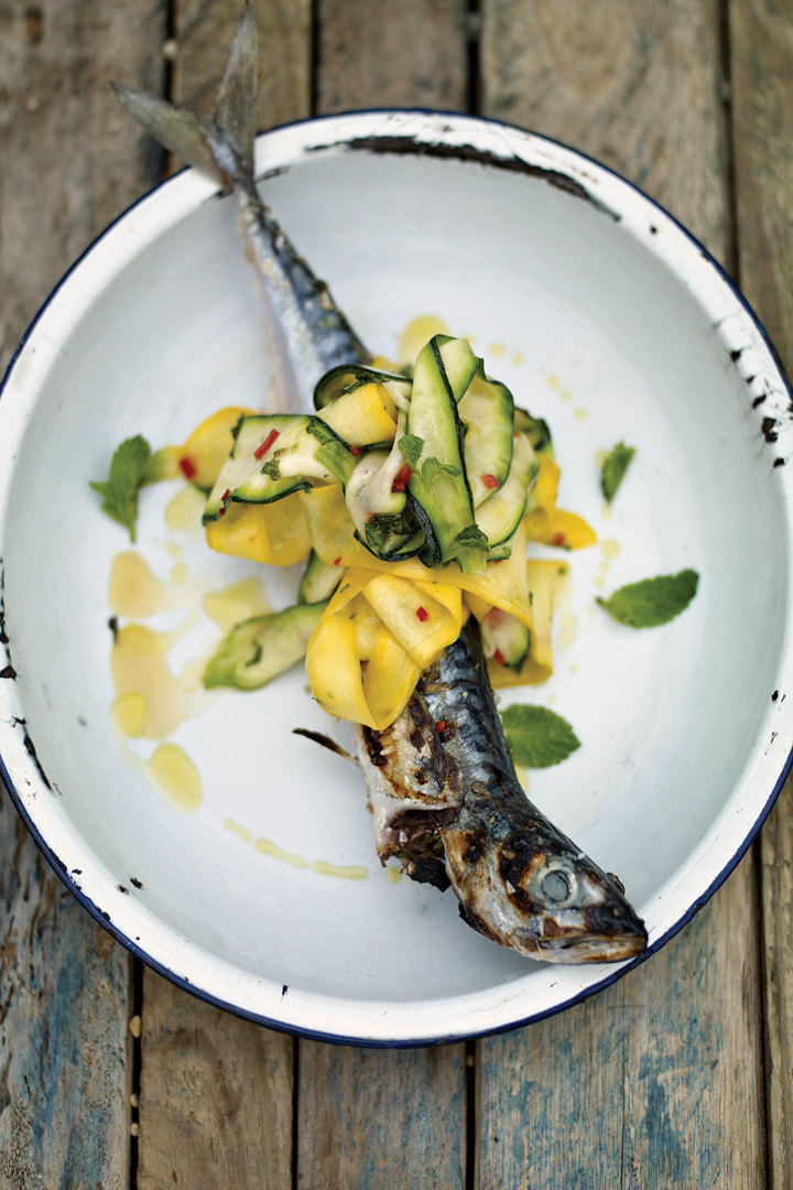 Barbecued mackerel with baby marrow and chilli recipe