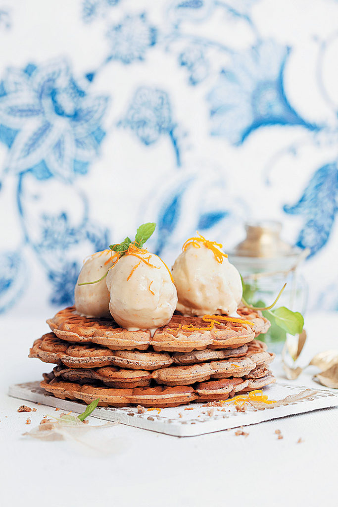 Poppy seed and cinnamon waffles with ClemenGold, white chocolate and ginger ice cream recipe