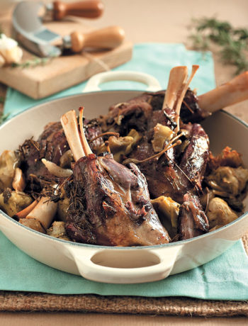 Slow-roasted lamb shanks with artichokes