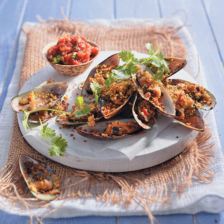 Crumbed, baked mussels