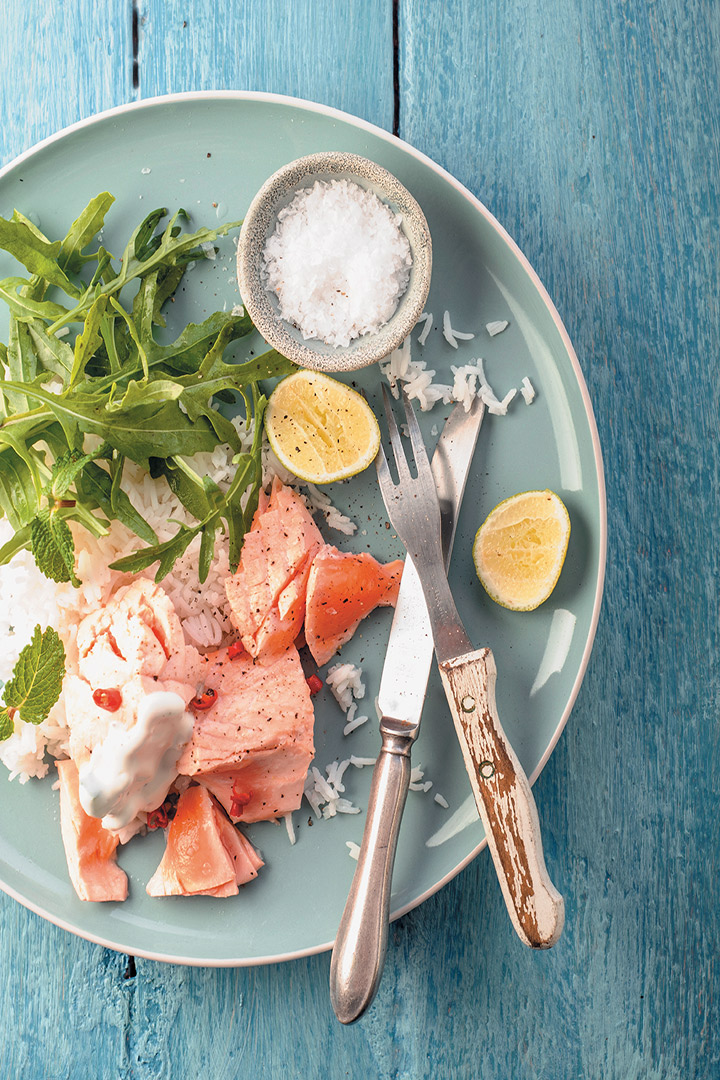 Herby poached salmon with greens and steamed basmati recipe