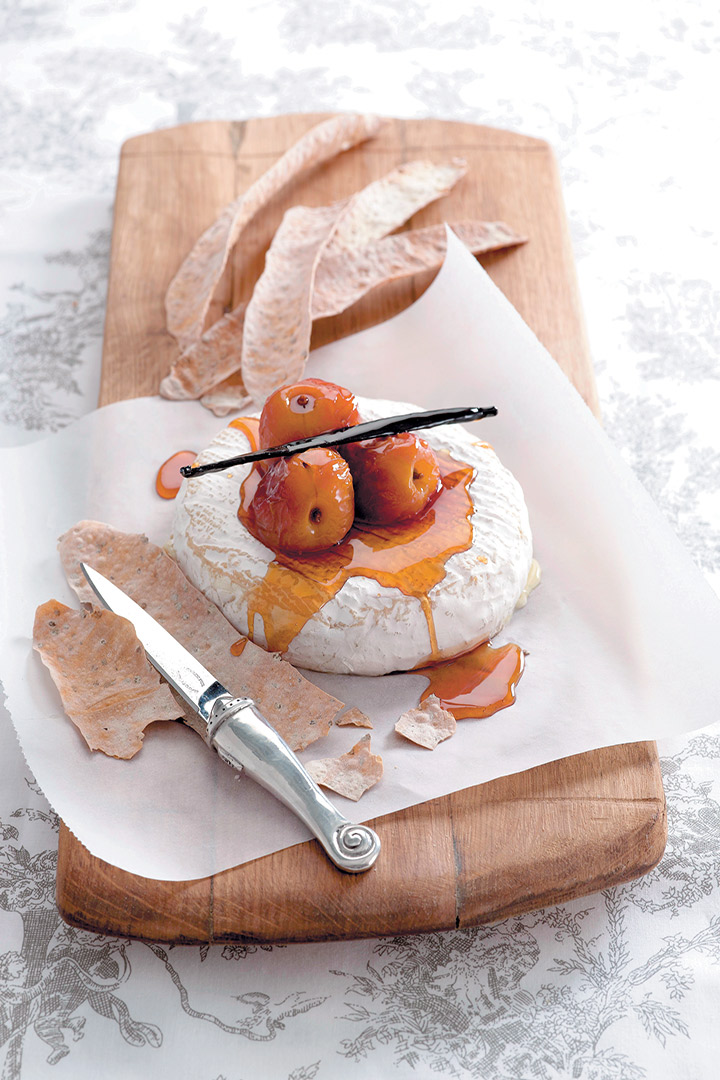 Vanilla-poached nectarines with Camembert and aniseed flatbread recipe