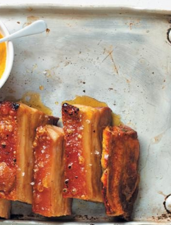 Sticky maple and ginger-glazed pork belly with crunchy crackling and hot English mustard