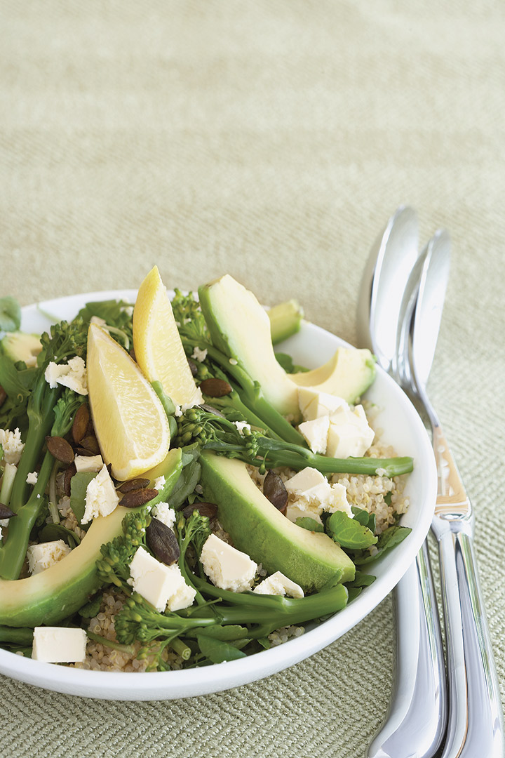 Quinoa and steamed broccoli salad with avocado, watercress and toasted pumpkin seeds recipe