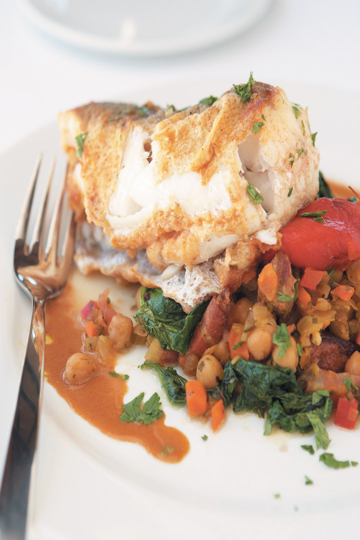 Roasted hake and chorizo with chickpeas and saffron recipe