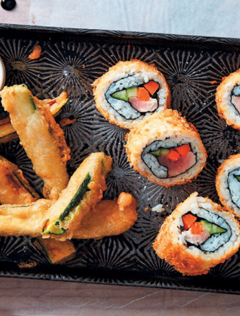 Deep-fried tuna rolls and tempura baby marrow chips