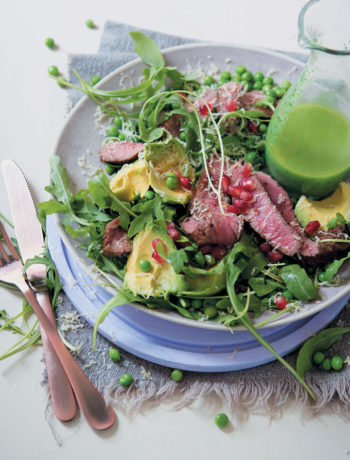 Red wine-marinated rump and rocket salad with a chive and mustard oil dressing recipe