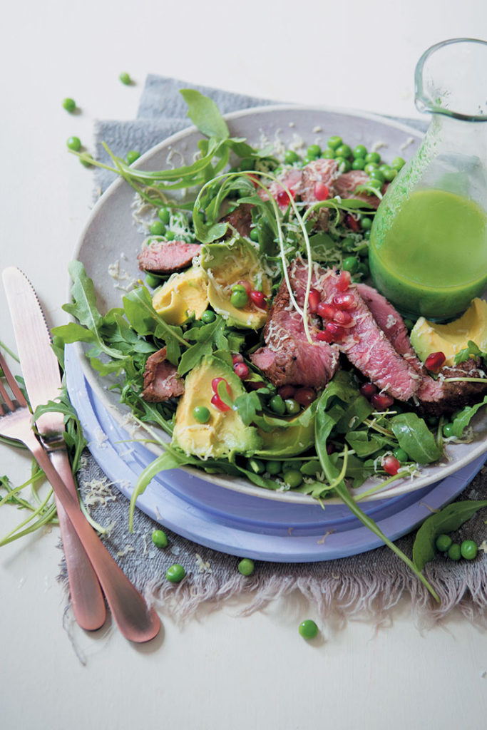 Red wine-marinated rump and rocket salad with a chive and mustard oil dressing recipe