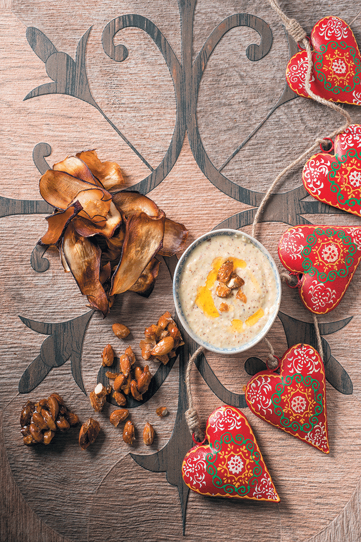 Almond dip with aubergine crisps and caramelised almonds recipe