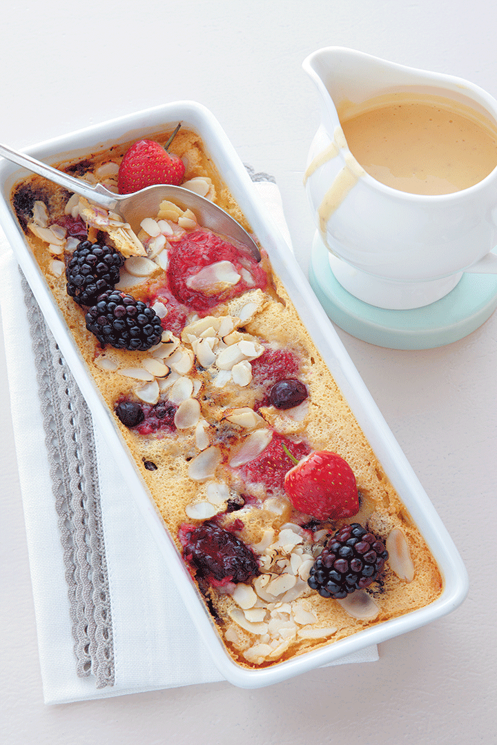 Berry and almond clafoutis with a zesty custard recipe