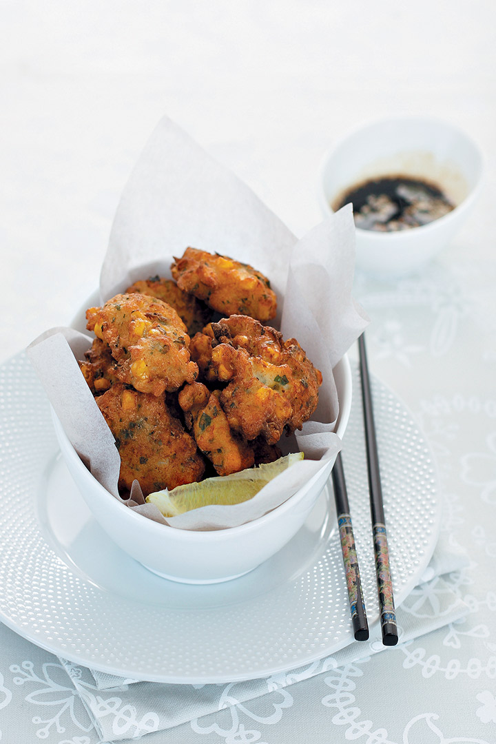 Crab, corn and coriander fritters with sesame dipping sauce recipe