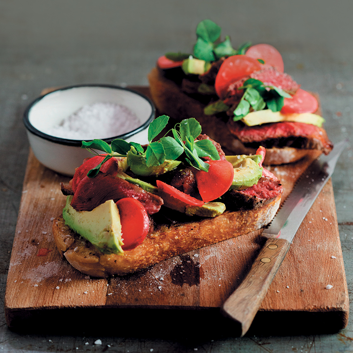 Griddled sourdough with steak, marinated radish and avocado
