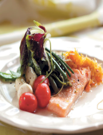 Poached salmon with citrus dressing and greens recipe
