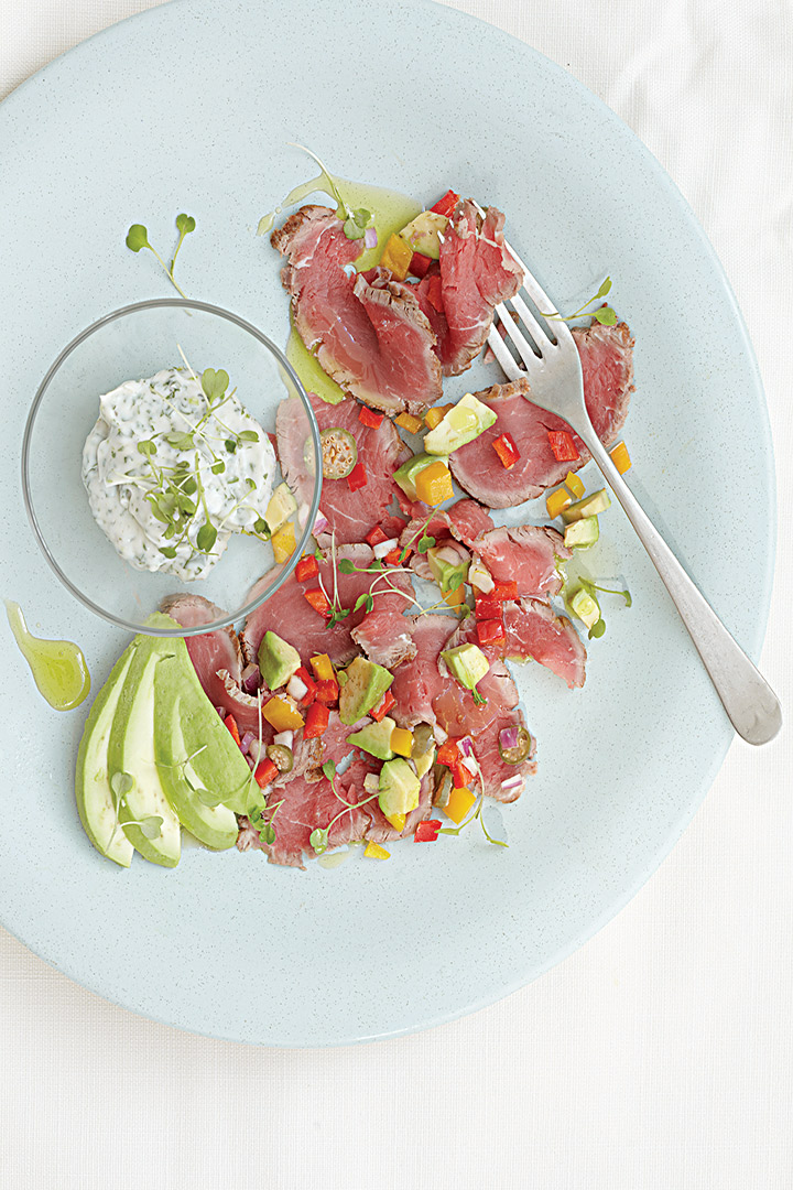 Seared beef carpaccio with avocado and pepper salsa and watercress mayonnaise recipe