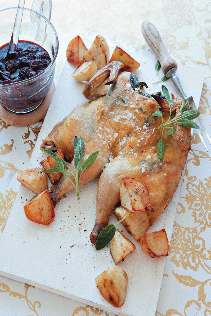 Spatchcock chicken with blue cheese and sage served with a berry and port sauce recipe