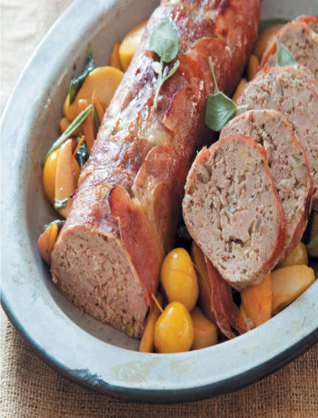Veal and pancetta meatloaf with maple roasted apple wedges recipe