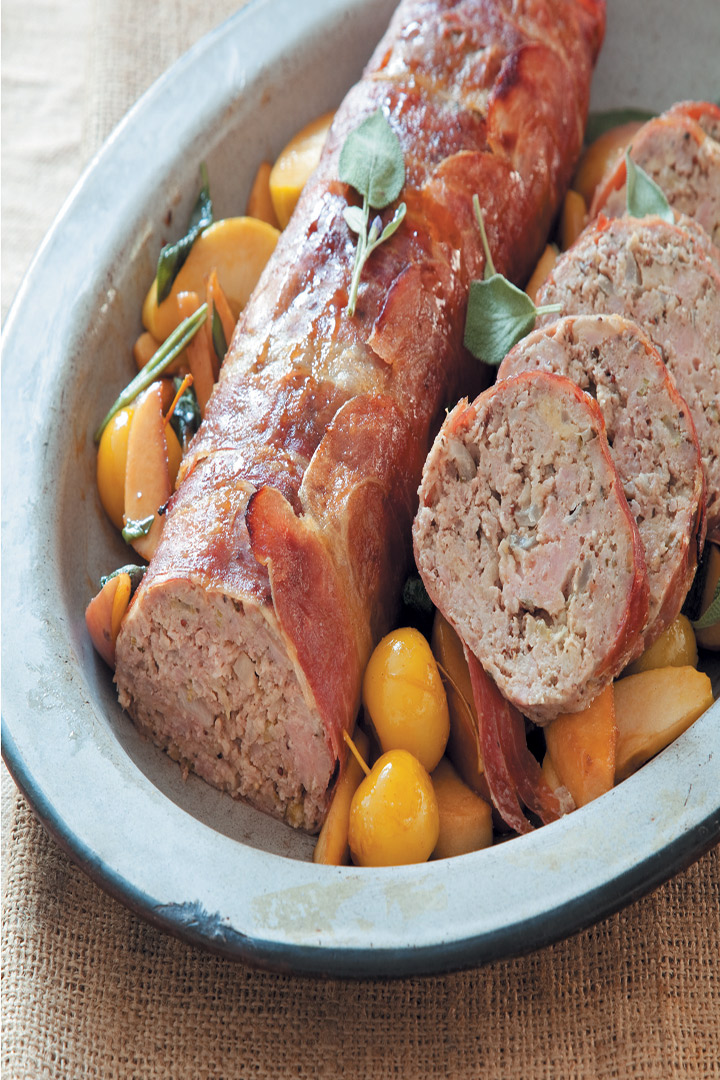 Veal and pancetta meatloaf with maple roasted apple wedges recipe
