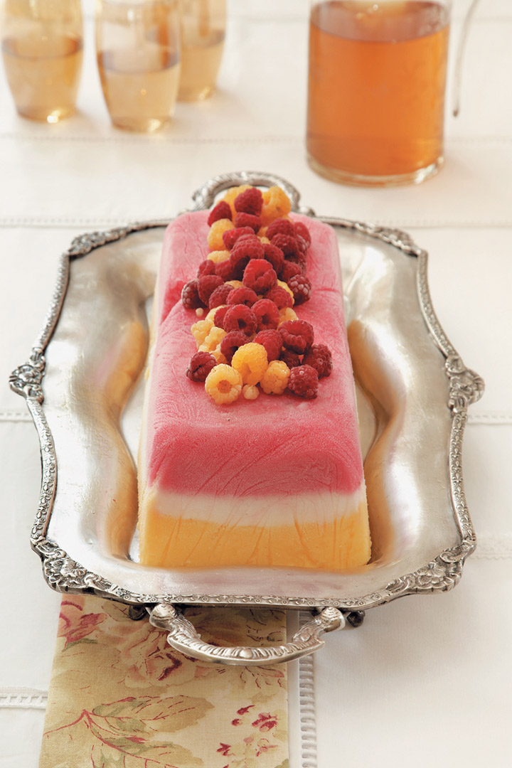 Layered fruit sorbet terrine with fresh berries and fruit coulis recipe