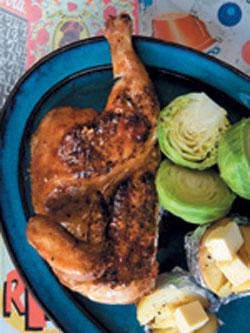 Peri-peri chickens with jacket potatoes and steamed baby cabbage