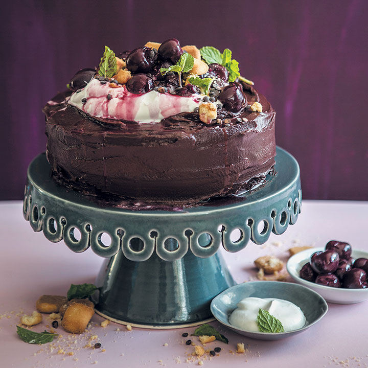 Chocolate-mayonnaise cake with cherries and dark-chocolate ganache