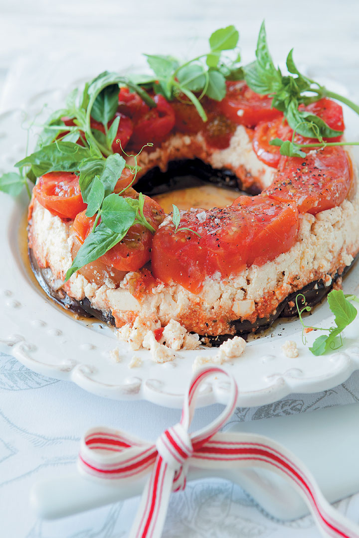 Aubergine, tomato and feta terrine topped with fresh basil recipe