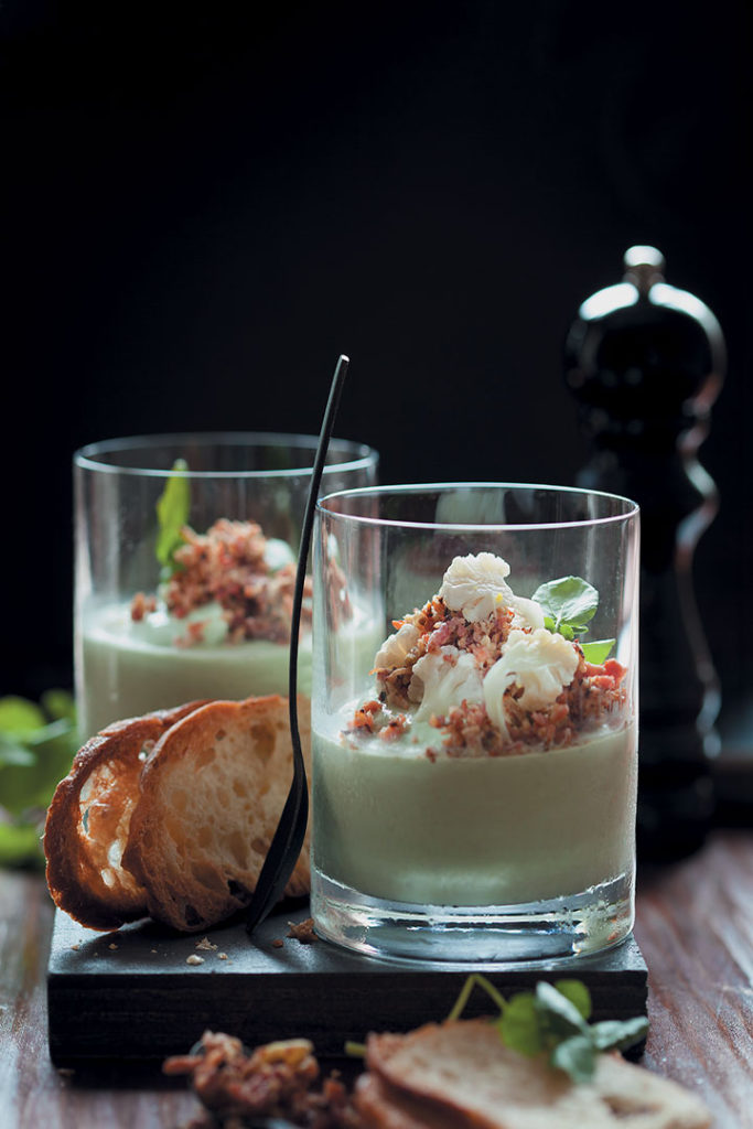 Avocado mousse topped with cauliflower and bacon crumbs recipe