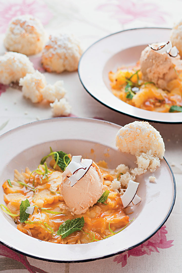 Baked pineapple carpaccio with macaroons and peanut butter ice cream recipe