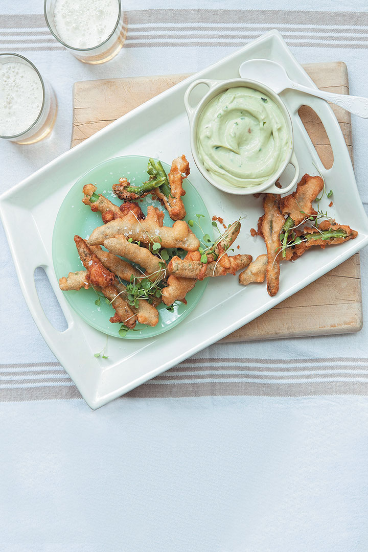 Beer-battered asparagus with avocado mayonnaise recipe