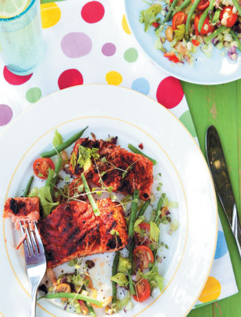 Blackened Cajun grilled salmon steaks with bloody Mary salsa salad recipe