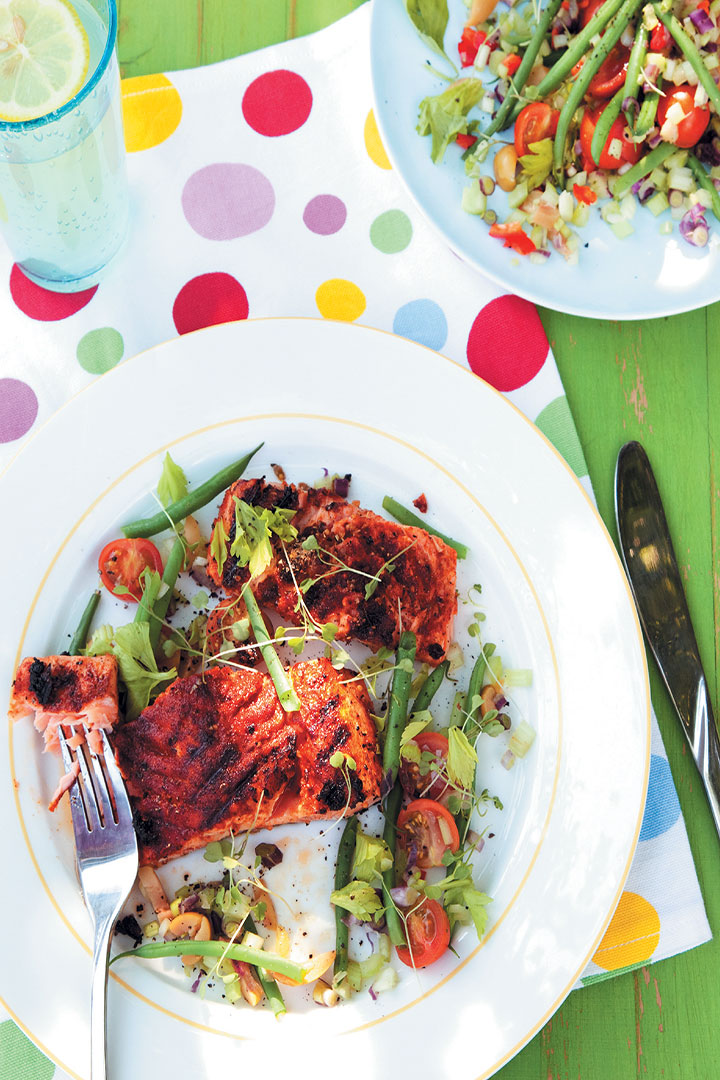 Blackened Cajun grilled salmon steaks with bloody Mary salsa salad recipe
