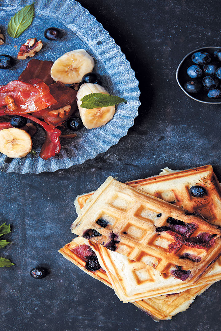 Blueberry waffles with banana and maple bacon recipe