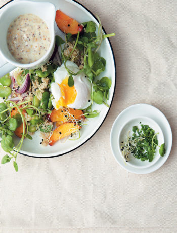 Broad bean, bulgur wheat and peach salad with a poached egg and mustard and yoghurt dressing recipe