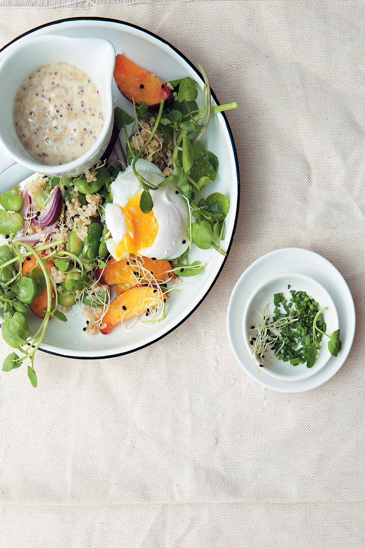 Broad bean, bulgur wheat and peach salad with a poached egg and mustard and yoghurt dressing recipe