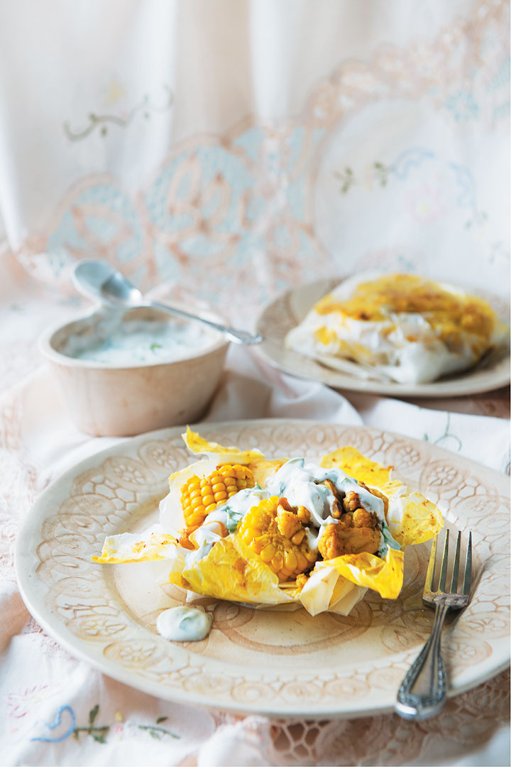 Cauliflower and corn parcels with coriander yoghurt sambal recipe