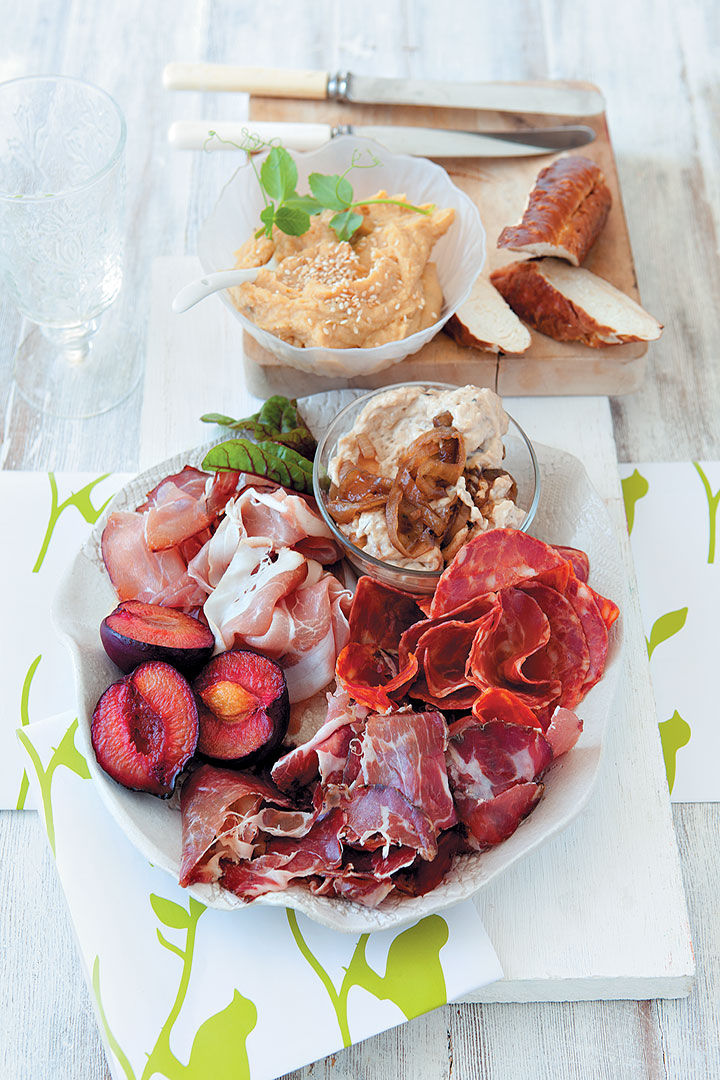 Charcuterie platter with hummus and creamy onion spread recipe