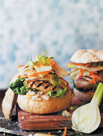 Chicken burgers with hummus and a fennel, celery and orange slaw recipe
