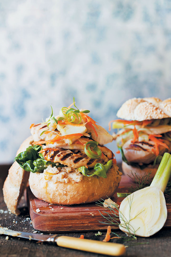 Chicken burgers with hummus and a fennel, celery and orange slaw recipe
