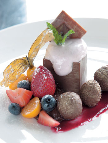 Chocolate box filled with strawberry mousse served with Cape fruits recipe