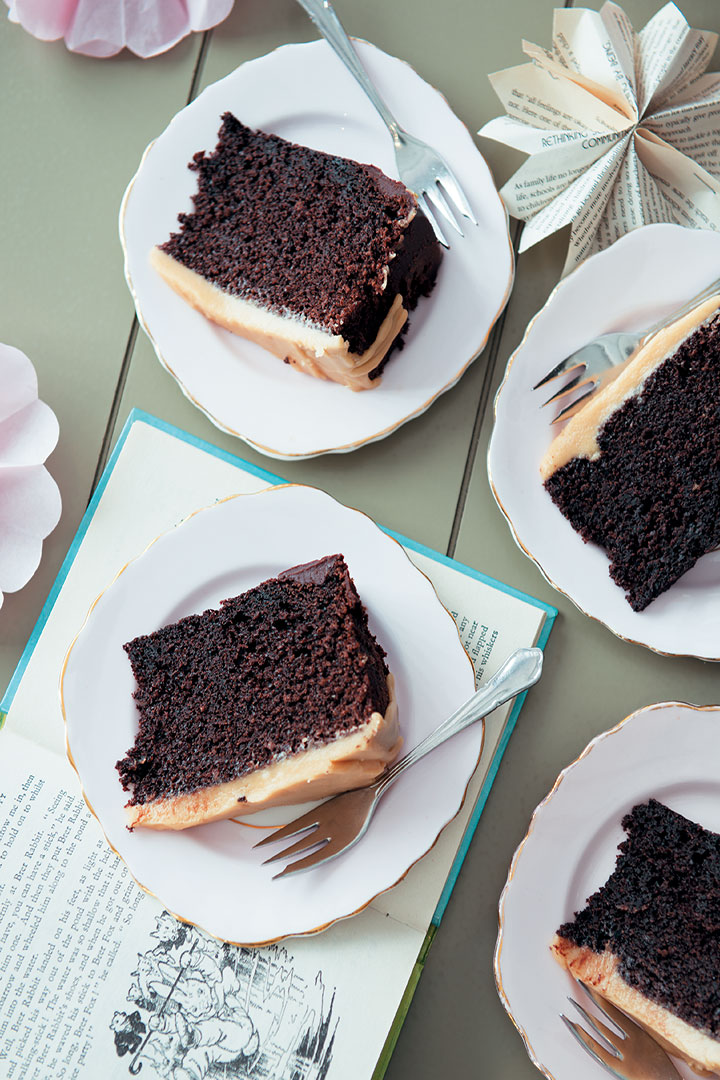 Chocolate fudge cake with caramel icing (‘Welcome Baby’ cake) recipe