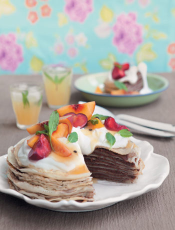 Chocolate ganache and butterscotch crepe cake with peaches, plums and granadilla pulp recipe