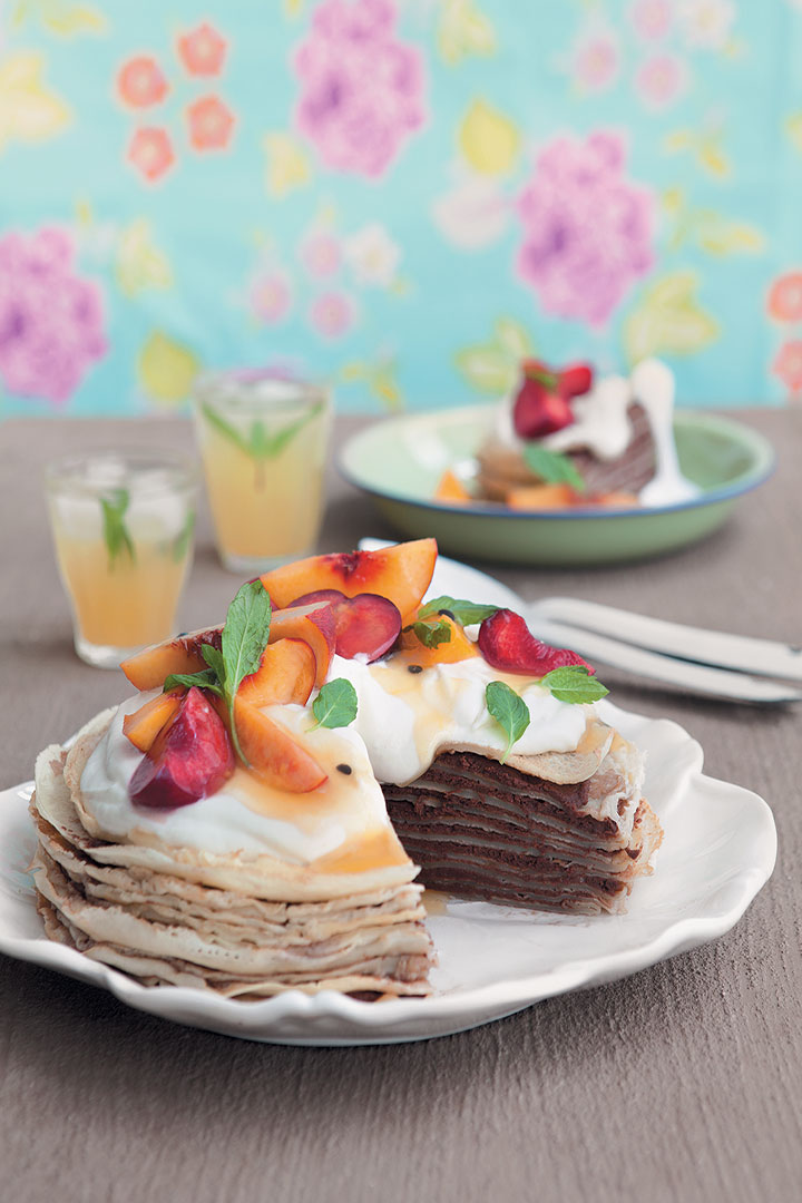 Chocolate ganache and butterscotch crepe cake with peaches, plums and granadilla pulp recipe