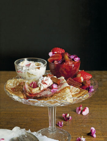 Classic crepes with rose water syrup, rhubarb compote and vanilla crème fraîche recipe