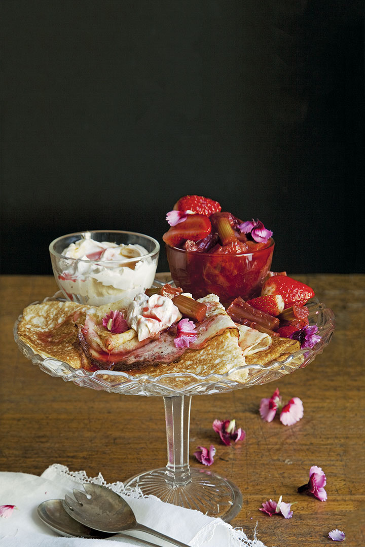 Classic crepes with rose water syrup, rhubarb compote and vanilla crème fraîche recipe