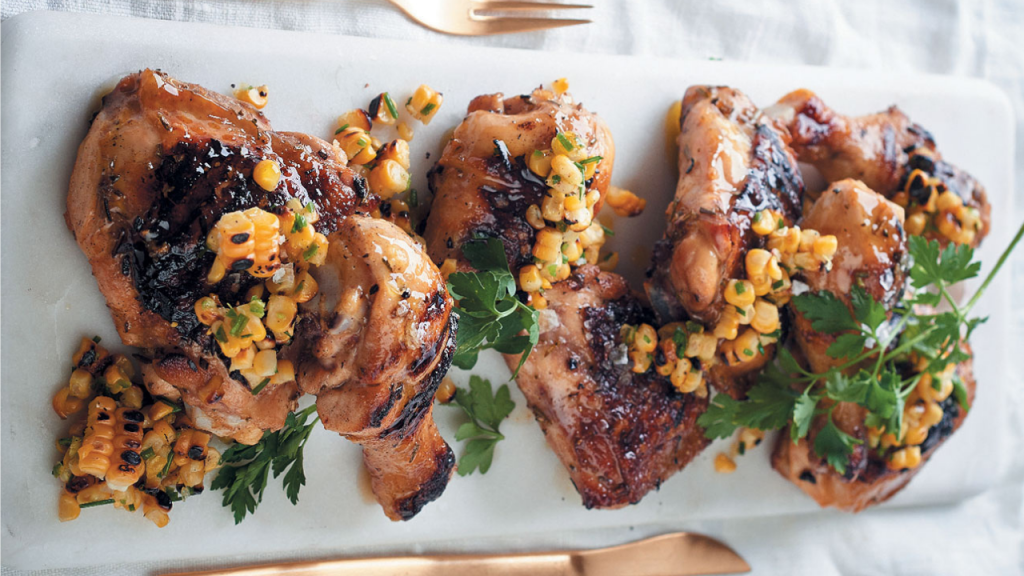 Chargrilled chicken pieces with corn, green chilli and chive salsa