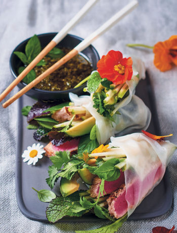 Crystal spring rolls with chargrilled tuna, avocado, apple and herbs recipe