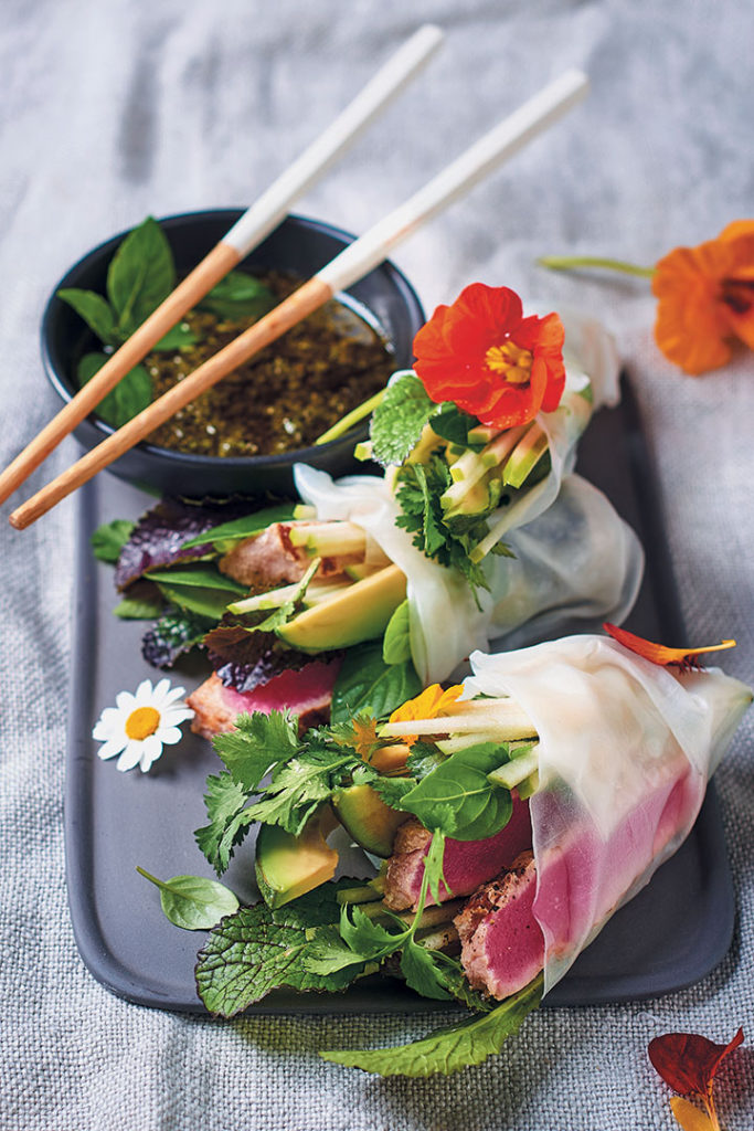 Crystal spring rolls with chargrilled tuna, avocado, apple and herbs recipe