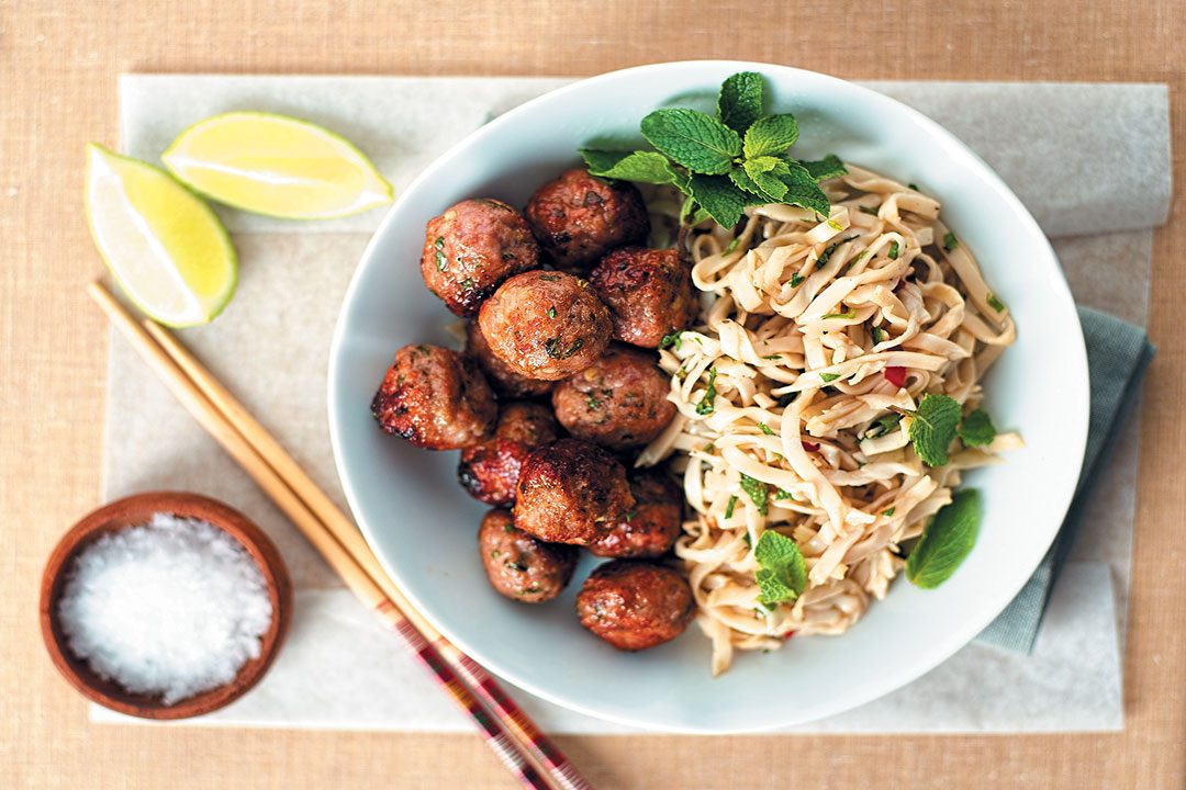 Curried pork meatballs with zesty noodles recipe
