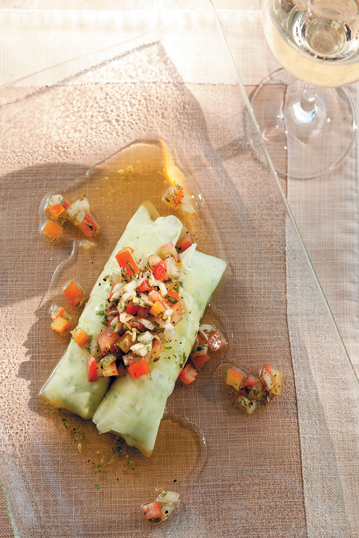 Fresh cucumber ‘cannelloni’ with cream cheese, chive and rocket filling with tomato salsa recipe